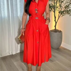 Sculpted Red Button-Front Midi Dress